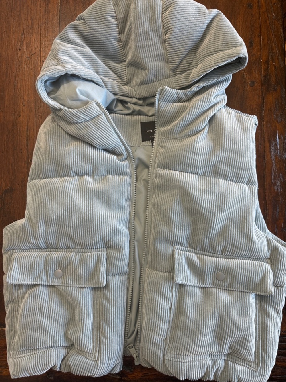 Love tree Hooded Puffer Vest in Light Blue Corduroy